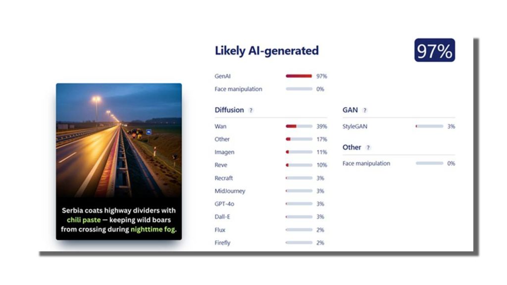 Analysis of the photo published by the Facebook page Fact 27 using the Sightengine tool